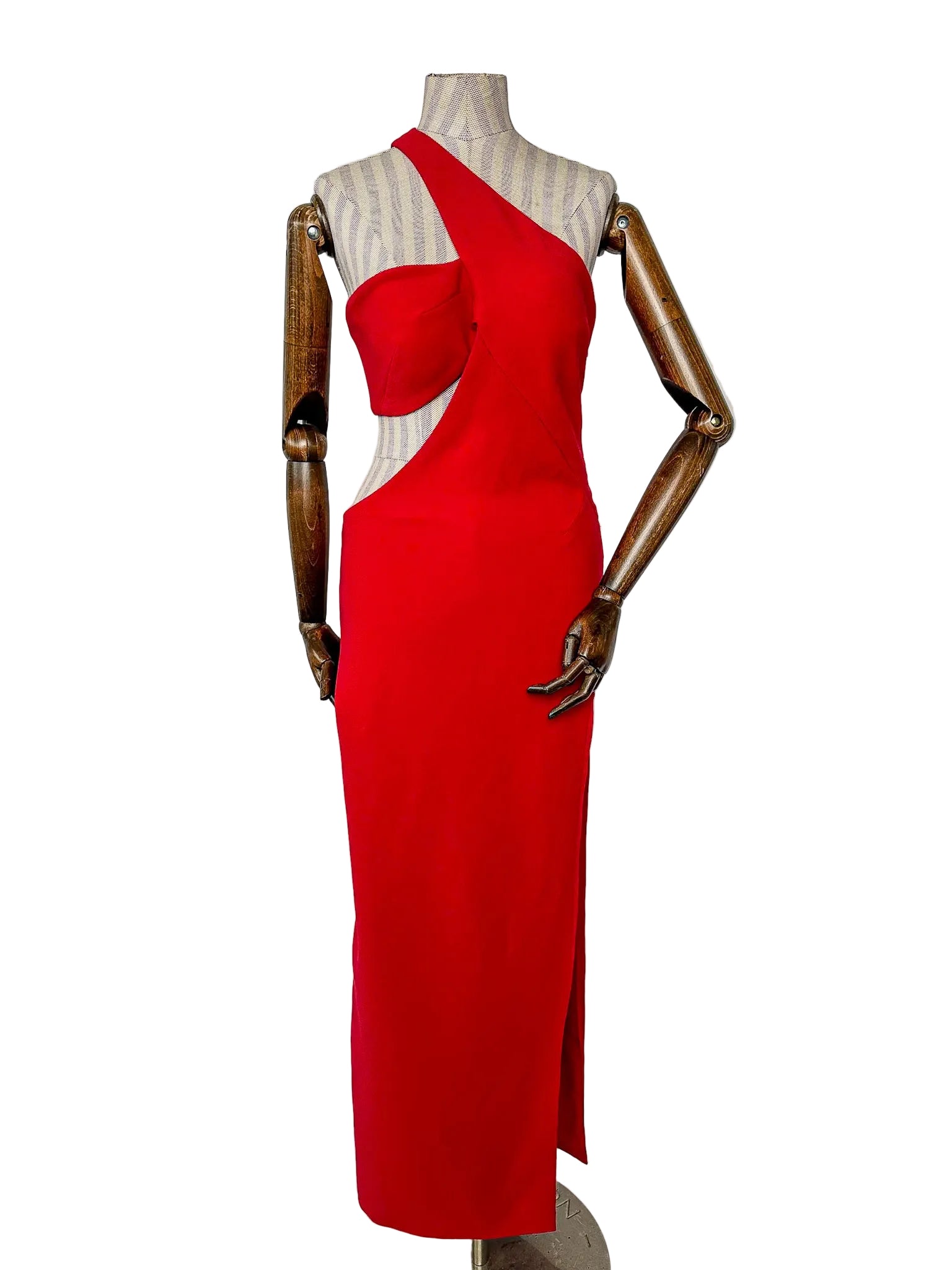 red dress leg cut out Maxi Dress Red Thigh Slit Dress Vesper Bengaline Cut-out Front Detail Thigh Slit Maxi Dress