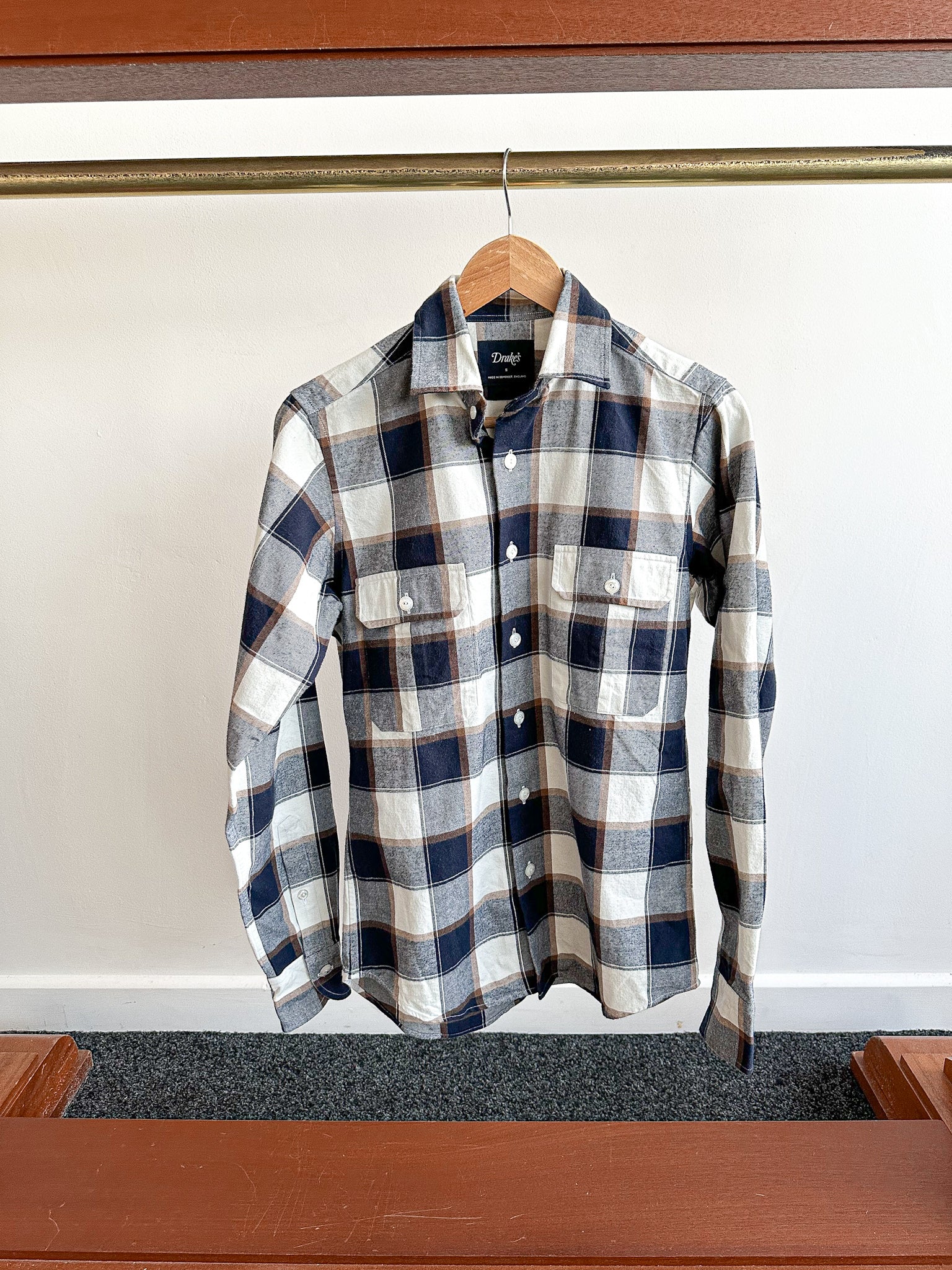 Drake's Check Heavy Cotton Navy White Work Shirt - House Of Huntington