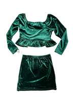 Badgely Mischka Girls Velvet Emerald Green Bow Front Blouse & Skirt 2-Piece Set