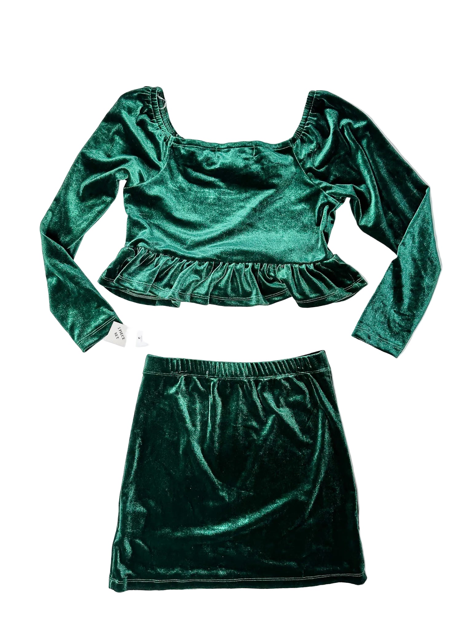 Badgely Mischka Girls Velvet Emerald Green Bow Front Blouse & Skirt 2-Piece Set
