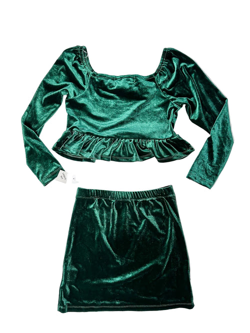 Badgley Mischka Mädchen Samt Bluse &amp; Rock, smaragdgrün, mit Schleife vorne, 2-teiliges Set