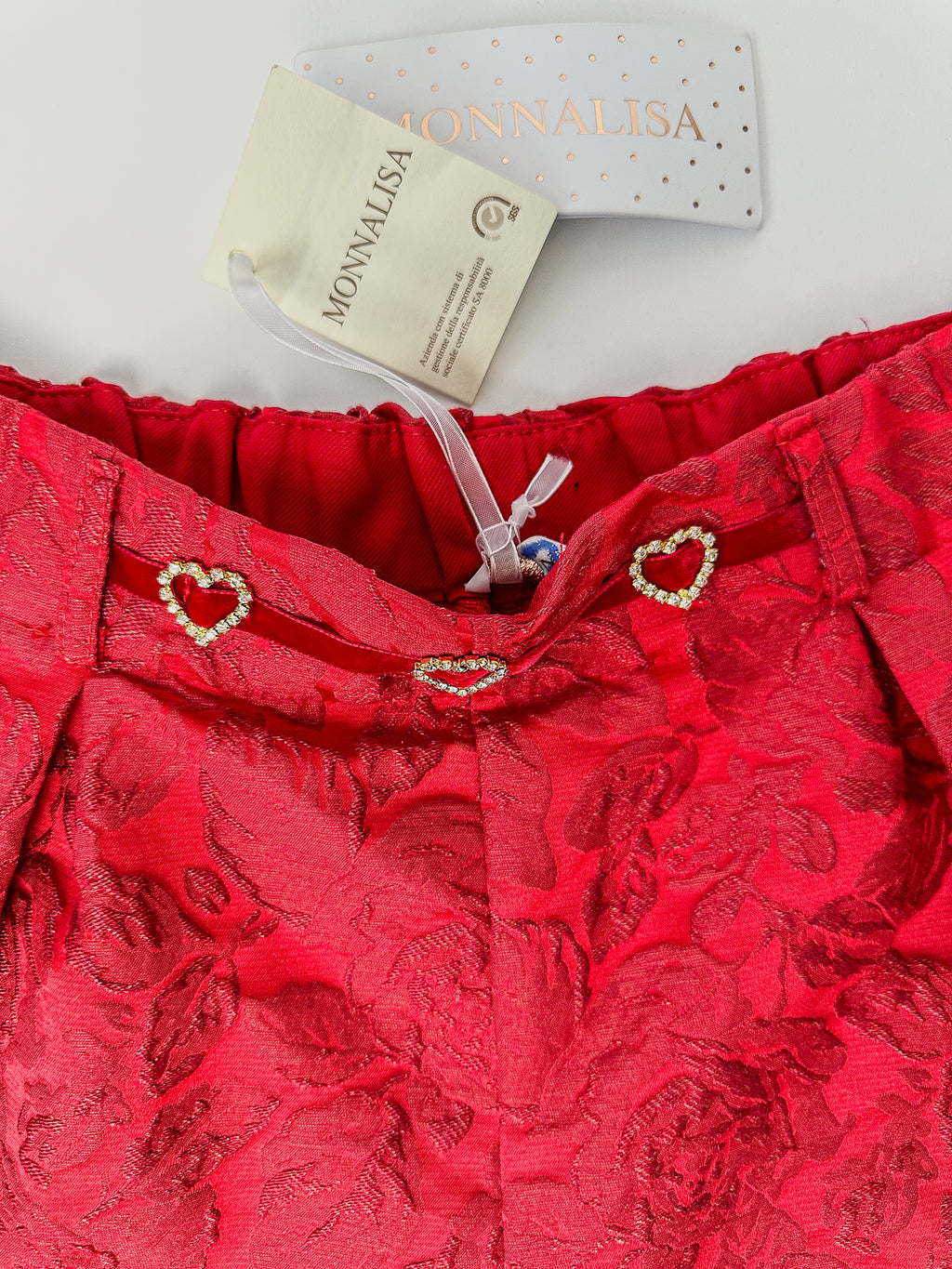 Monnalisa Girls Red Diamanté Heart Floral Brocade Shorts