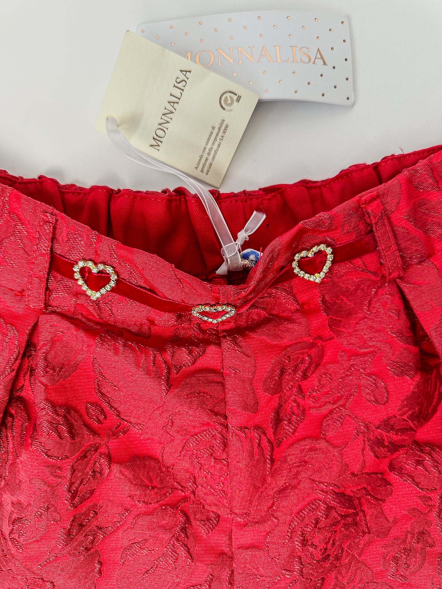 Monnalisa Girls Red Diamanté Heart Floral Brocade Shorts