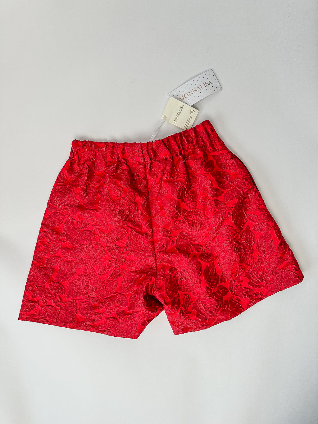 Monnalisa Girls Red Diamanté Heart Floral Brocade Shorts
