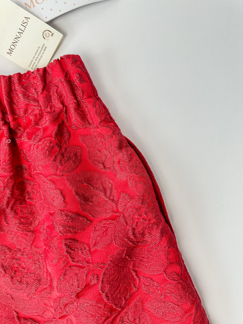 Monnalisa Girls Red Diamanté Heart Floral Brocade Shorts