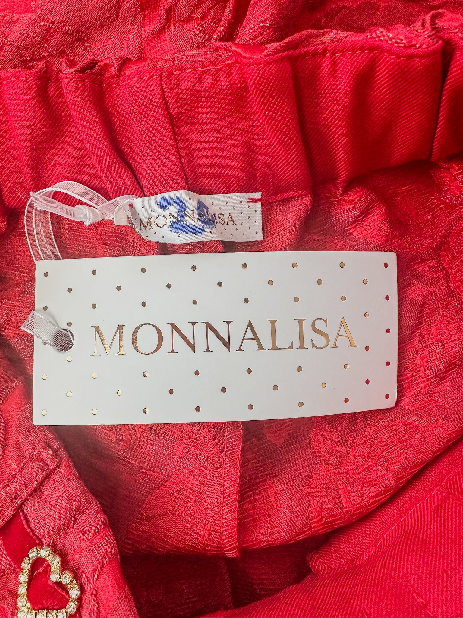 Monnalisa Girls Red Diamanté Heart Floral Brocade Shorts