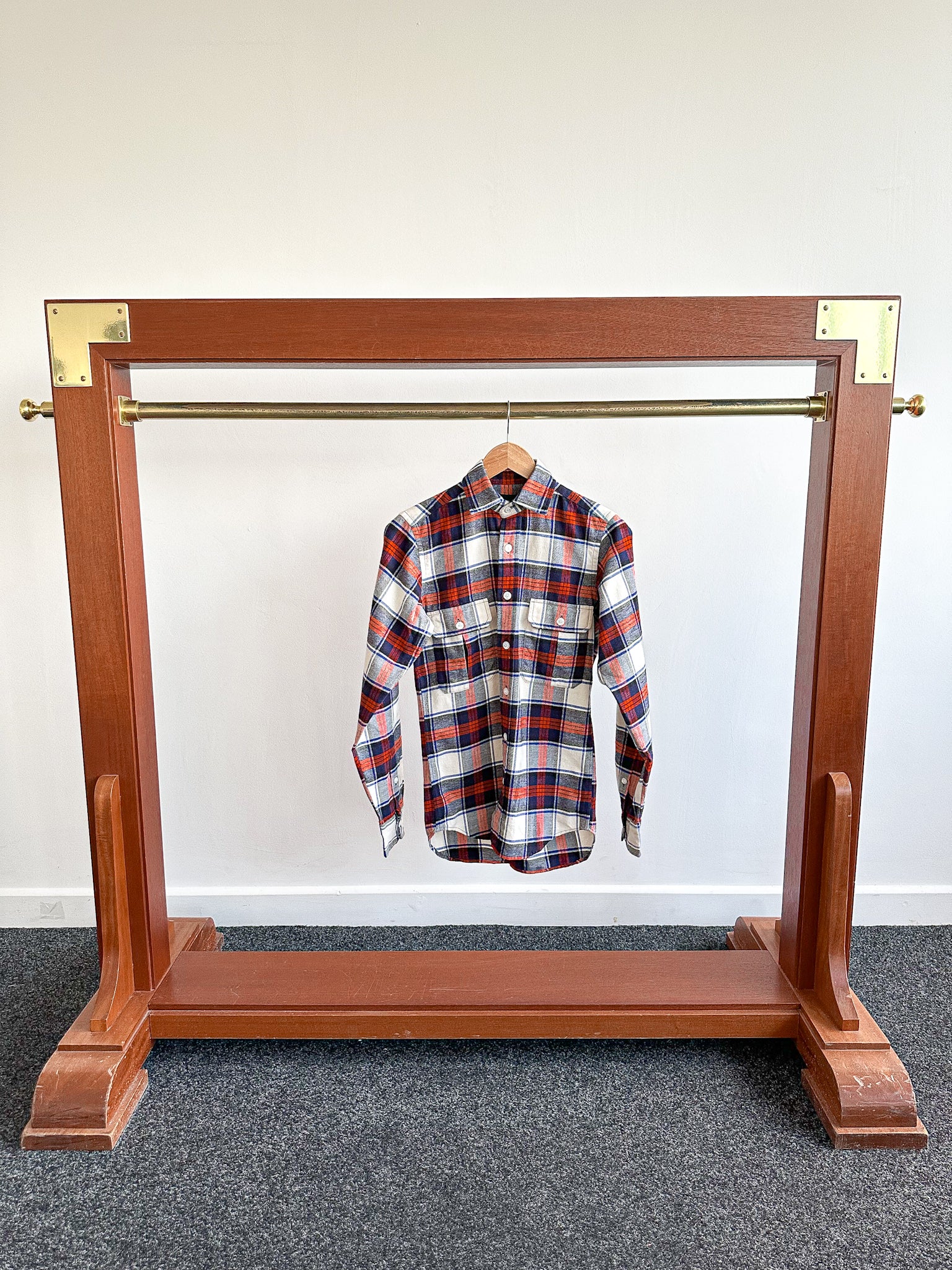 Drake's Milk White Navy Red Check Twill Work Shirt Overshirt - House Of Huntington
