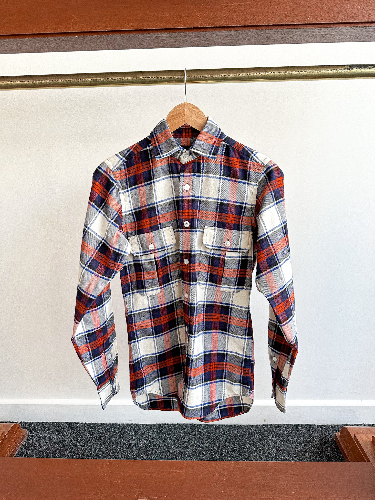 Drake's Milk White Navy Red Check Twill Work Shirt Overshirt - House Of Huntington