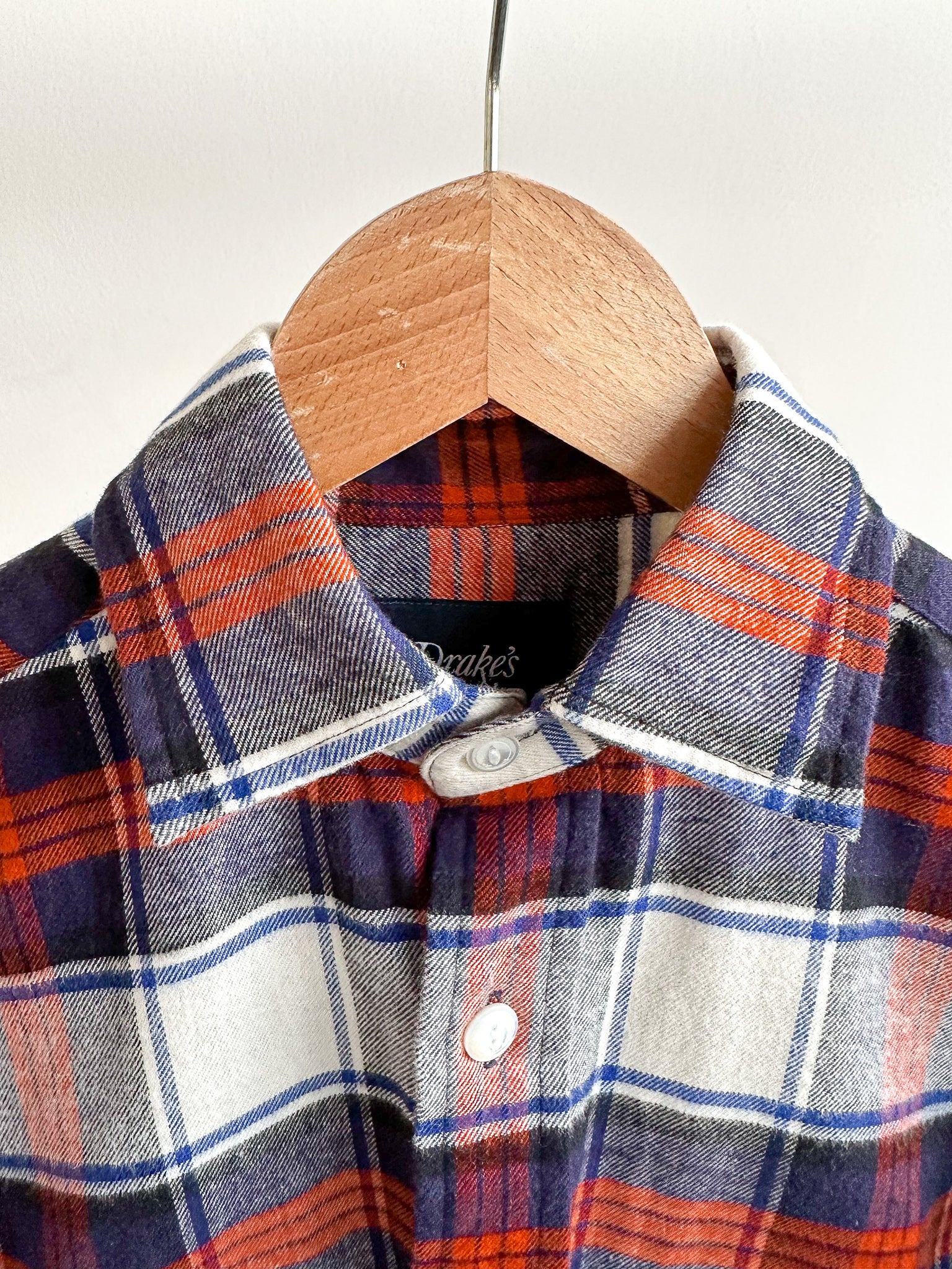 Drake's Milk White Navy Red Check Twill Work Shirt Overshirt - House Of Huntington