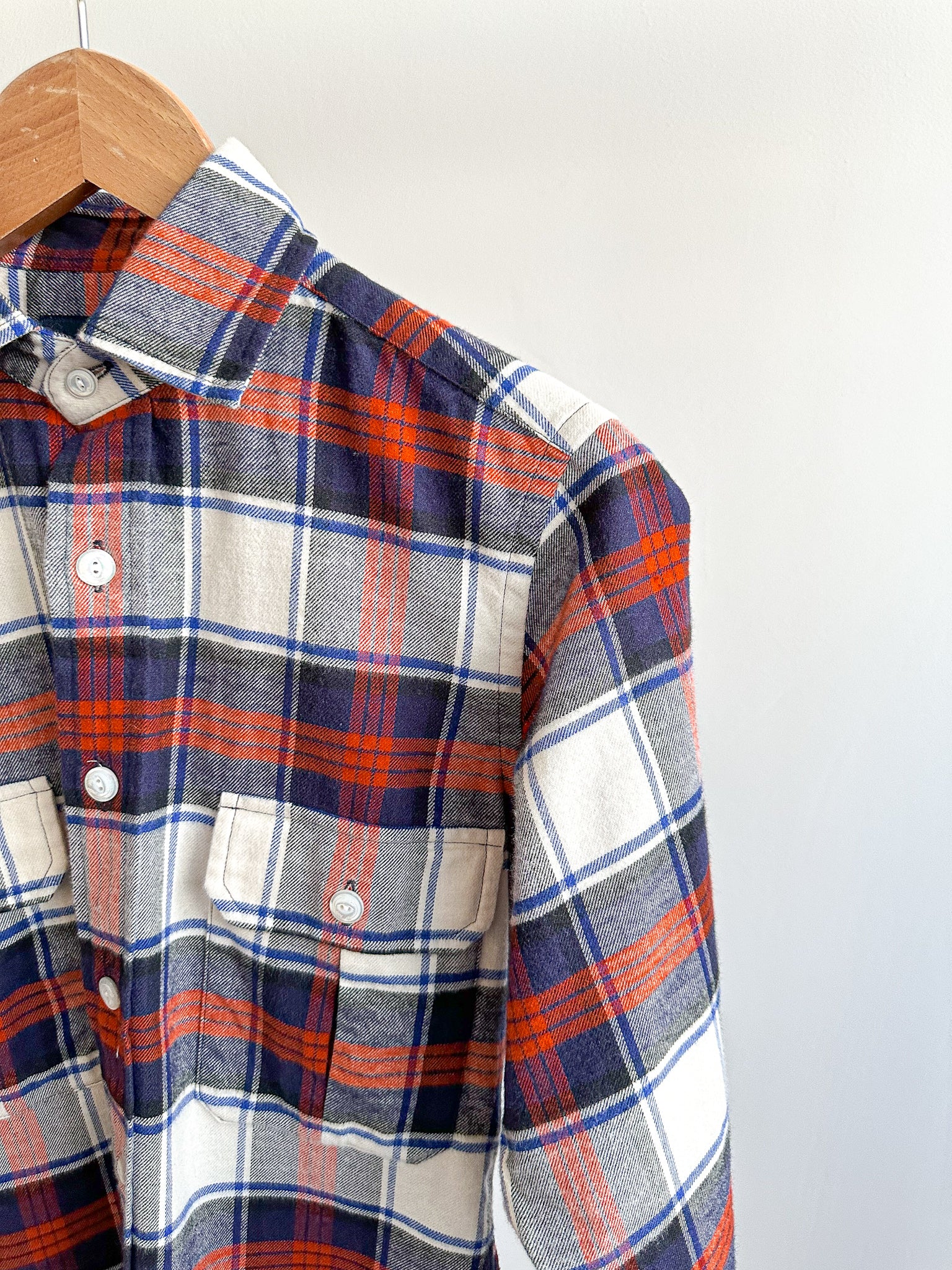 Drake's Milk White Navy Red Check Twill Work Shirt Overshirt - House Of Huntington