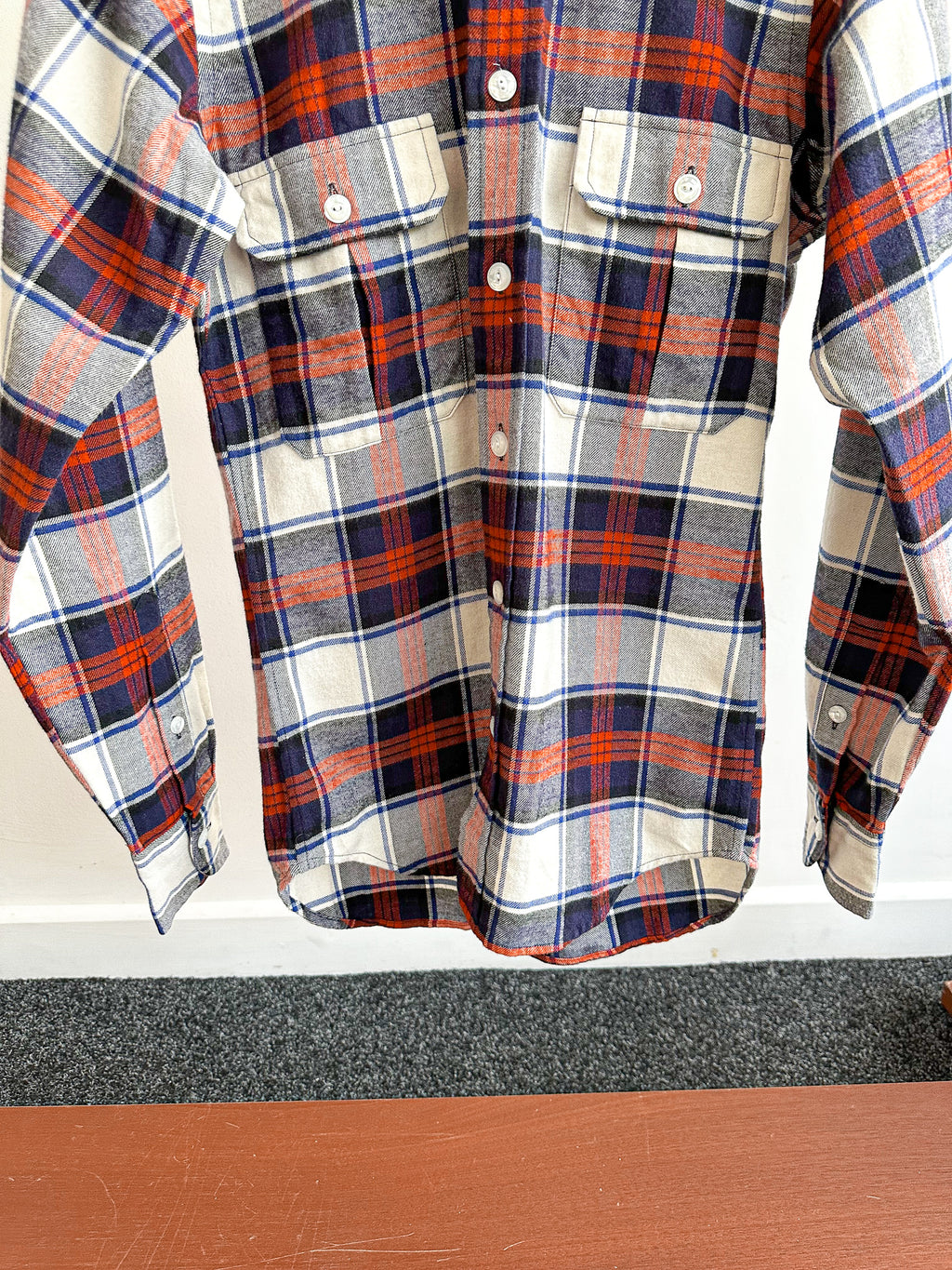 Drake's Milk White Navy Red Check Twill Work Shirt Overshirt - House Of Huntington