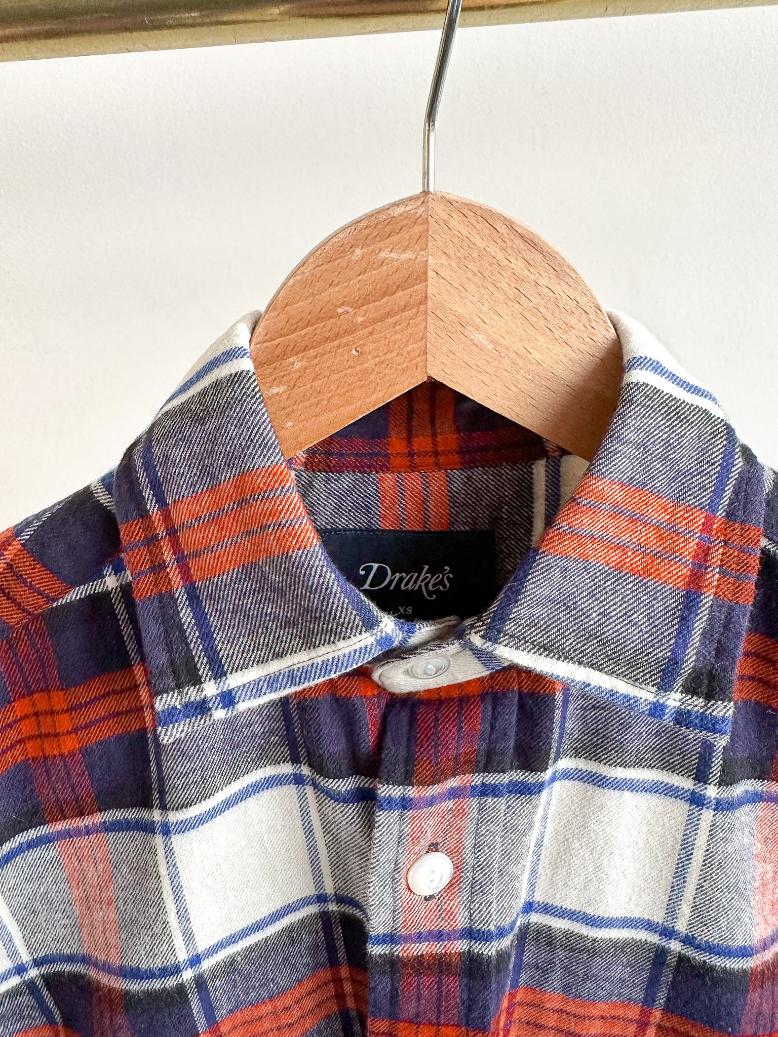 Drake's Milk White Navy Red Check Twill Work Shirt Overshirt - House Of Huntington