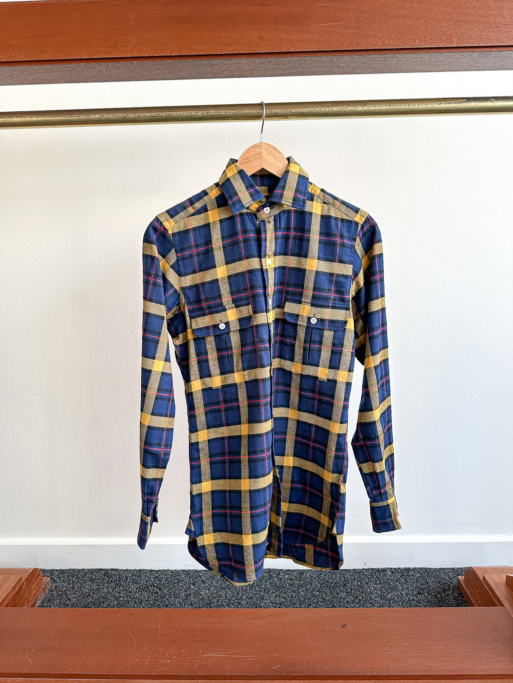 Drake's Navy Yellow Check Twill Work Shirt Overshirt - House Of Huntington