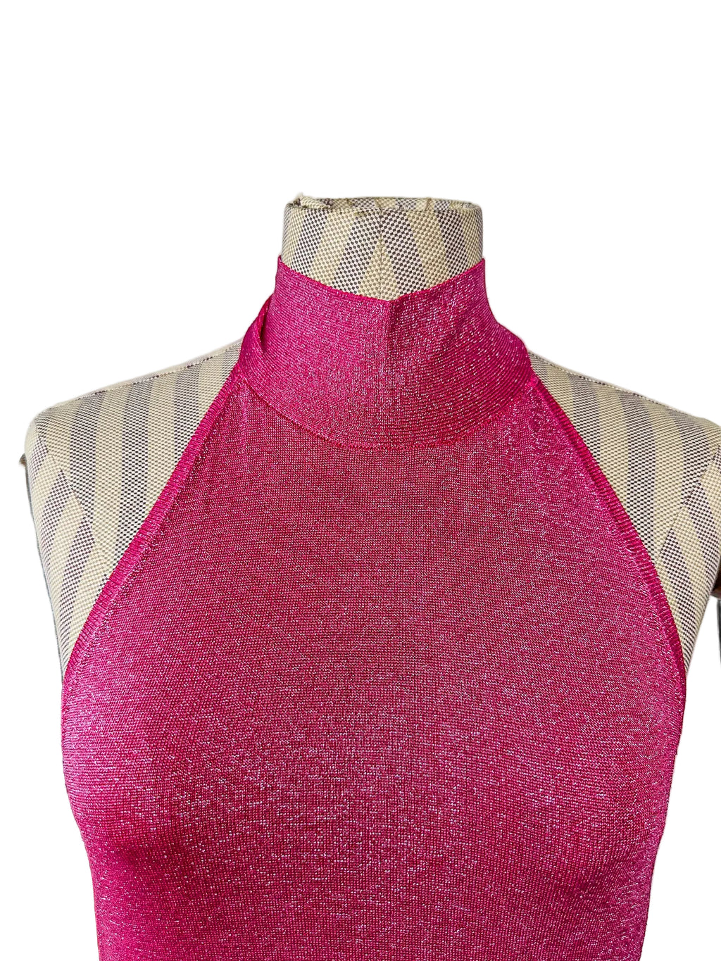 De La Vali Pink Shimmer Halterneck Midi Dress