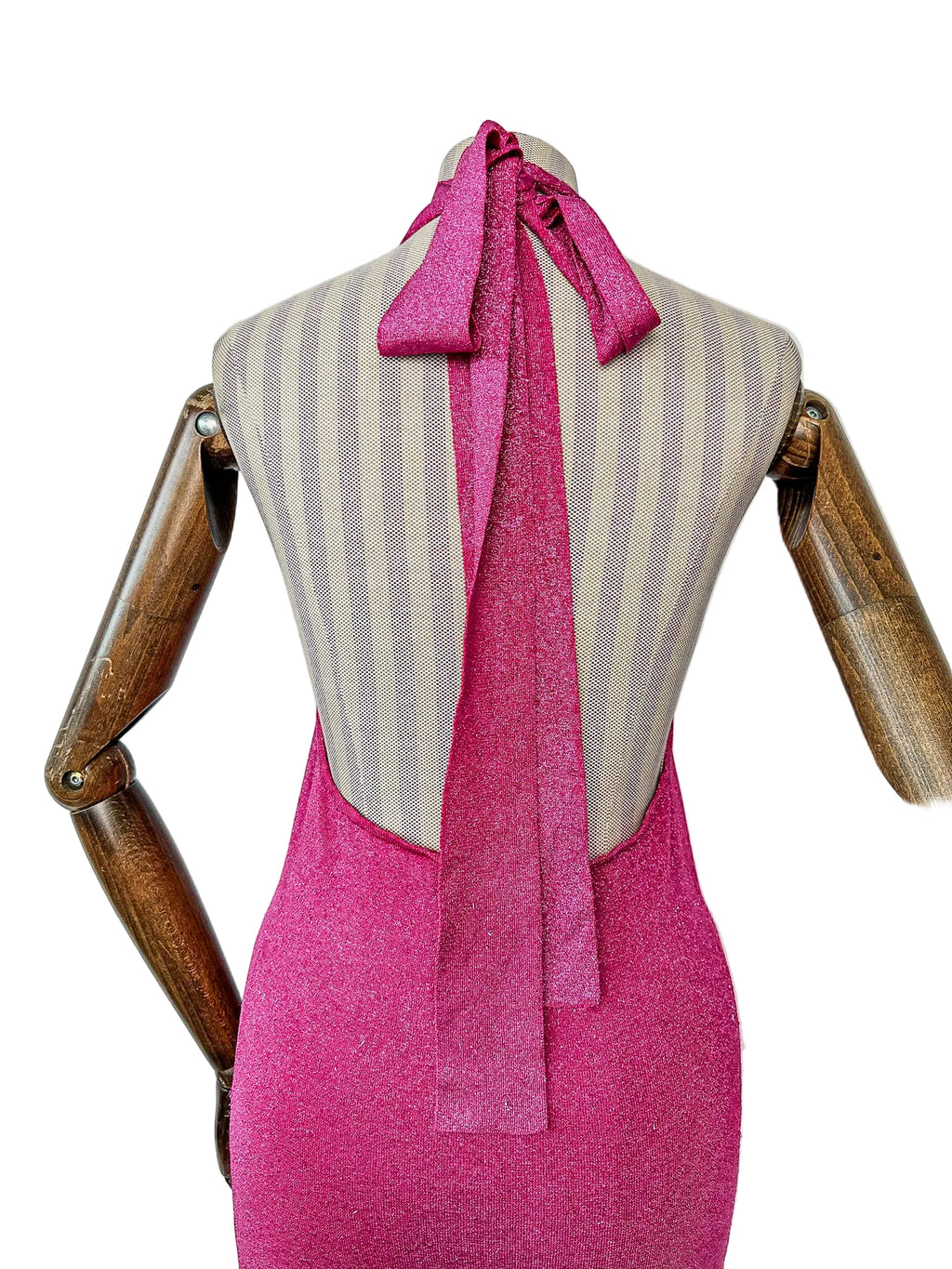 De La Vali Pink Shimmer Halterneck Midi Dress