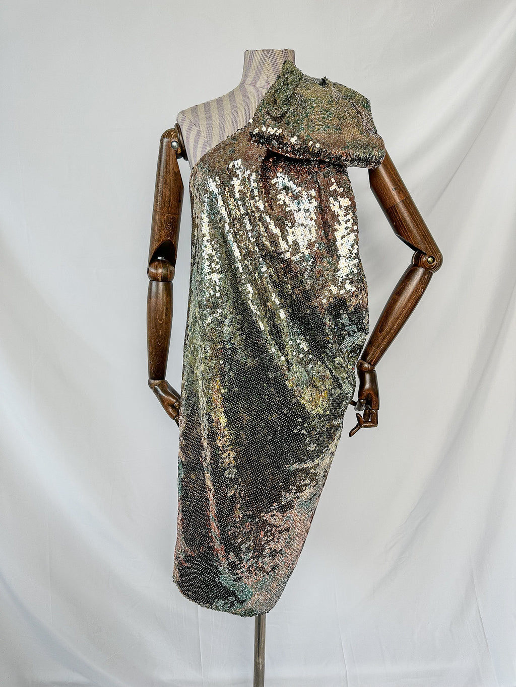 Halpern Sequinned One Shoulder Multicoloiur Party Dress