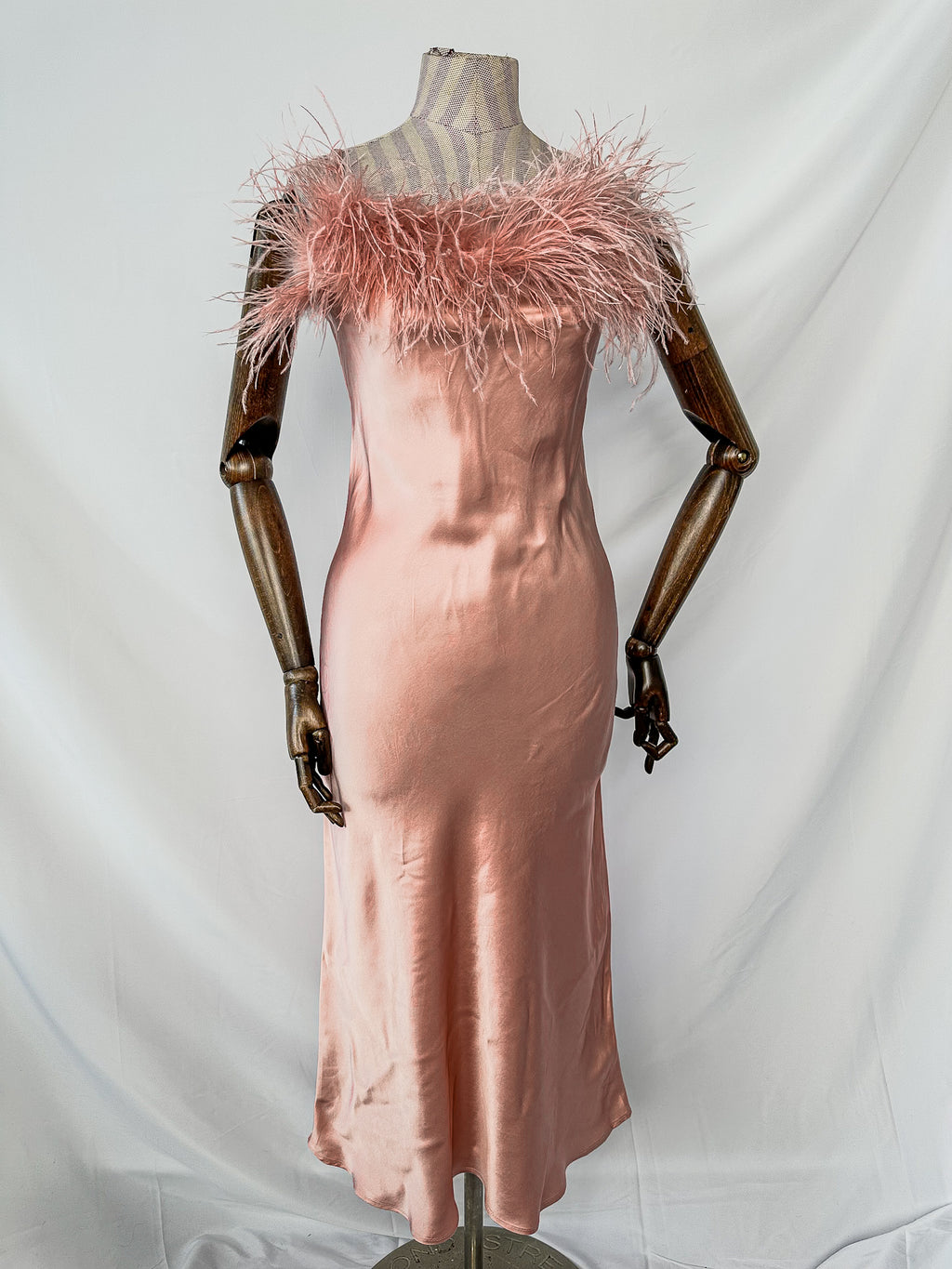 Sleeper Boheme Pink Satin Ostrich Feather Trim Midi Slip Dress