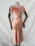 Sleeper Boheme Pink Satin Ostrich Feather Trim Midi Slip Dress