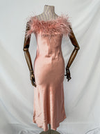 Sleeper Boheme Pink Satin Ostrich Feather Trim Midi Slip Dress