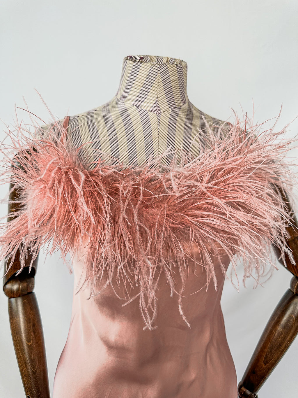 Sleeper Boheme Pink Satin Ostrich Feather Trim Midi Slip Dress