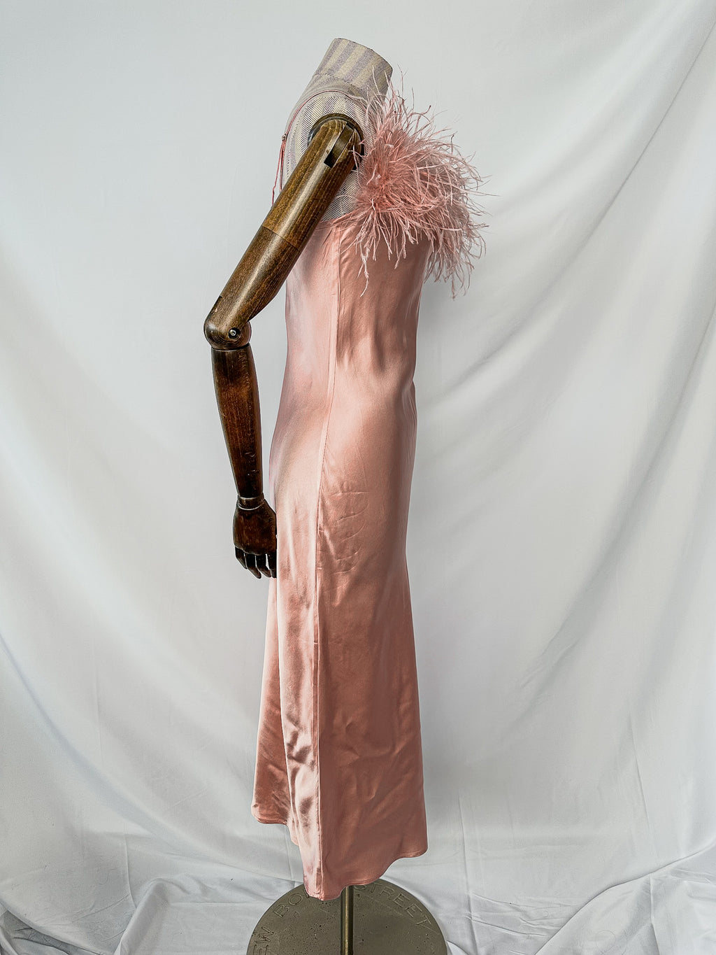 Sleeper Boheme Pink Satin Ostrich Feather Trim Midi Slip Dress