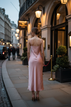 Sleeper Boheme Pink Satin Feather Trim Midi Slip Dress