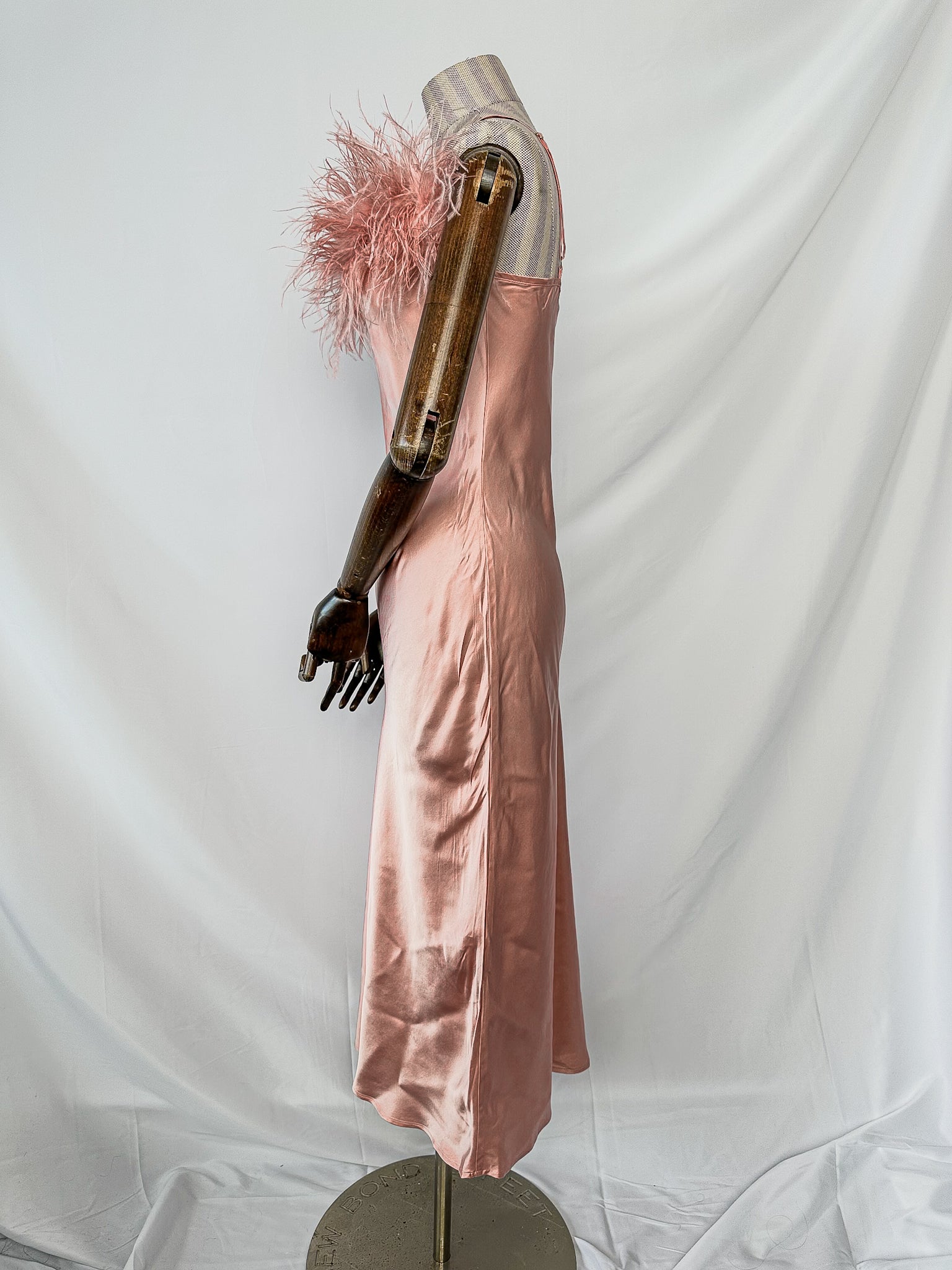 Sleeper Boheme Pink Satin Ostrich Feather Trim Midi Slip Dress
