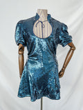 De La Vali Blue Sequinned Keyhole Front Puff Sleeve Mini dress