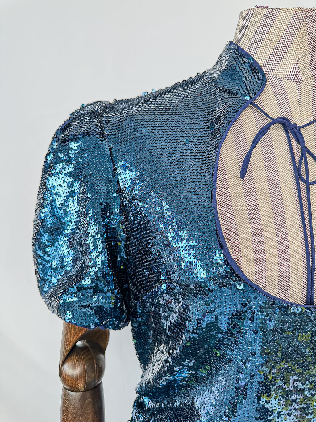 De La Vali Blue Sequinned Keyhole Front Puff Sleeve Mini dress