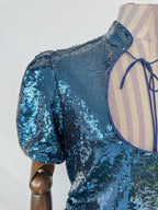 De La Vali Blue Sequinned Keyhole Front Puff Sleeve Mini dress