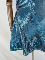 De La Vali Blue Sequinned Keyhole Front Puff Sleeve Mini dress