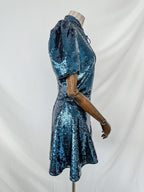 De La Vali Blue Sequinned Keyhole Front Puff Sleeve Mini dress
