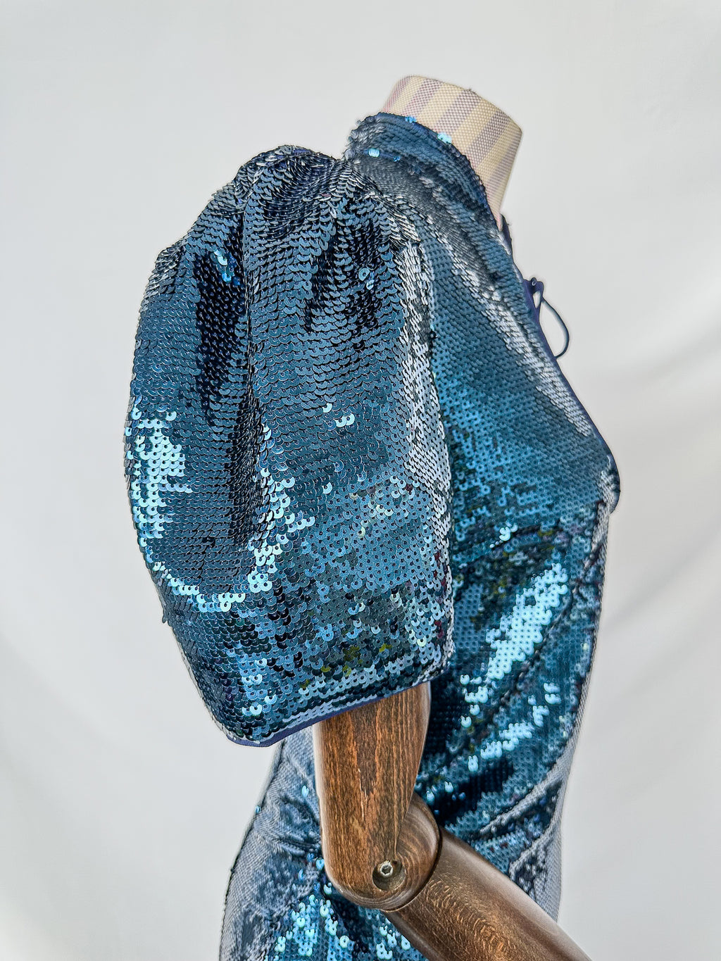 De La Vali Blue Sequinned Keyhole Front Puff Sleeve Mini dress