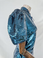 De La Vali Blue Sequinned Keyhole Front Puff Sleeve Mini dress