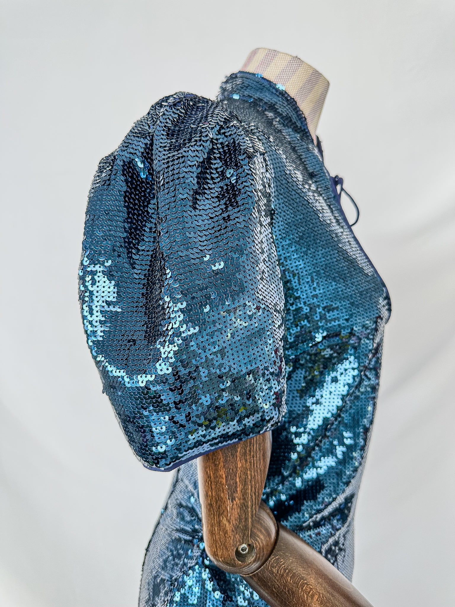 De La Vali Blue Sequinned Keyhole Front Puff Sleeve Mini dress