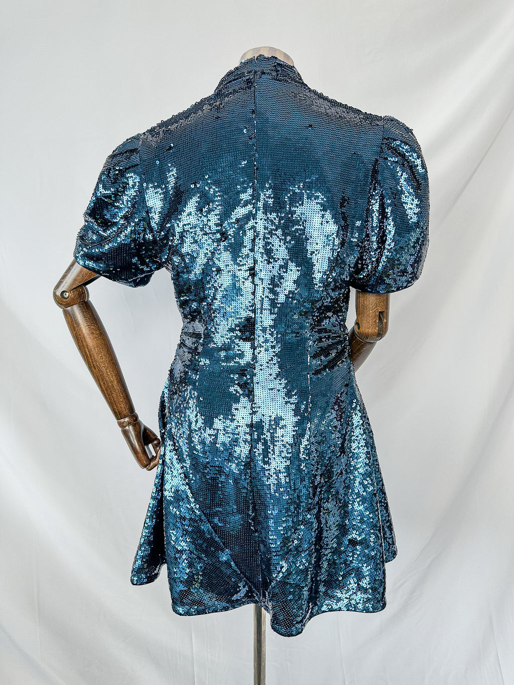 De La Vali Blue Sequinned Keyhole Front Puff Sleeve Mini dress