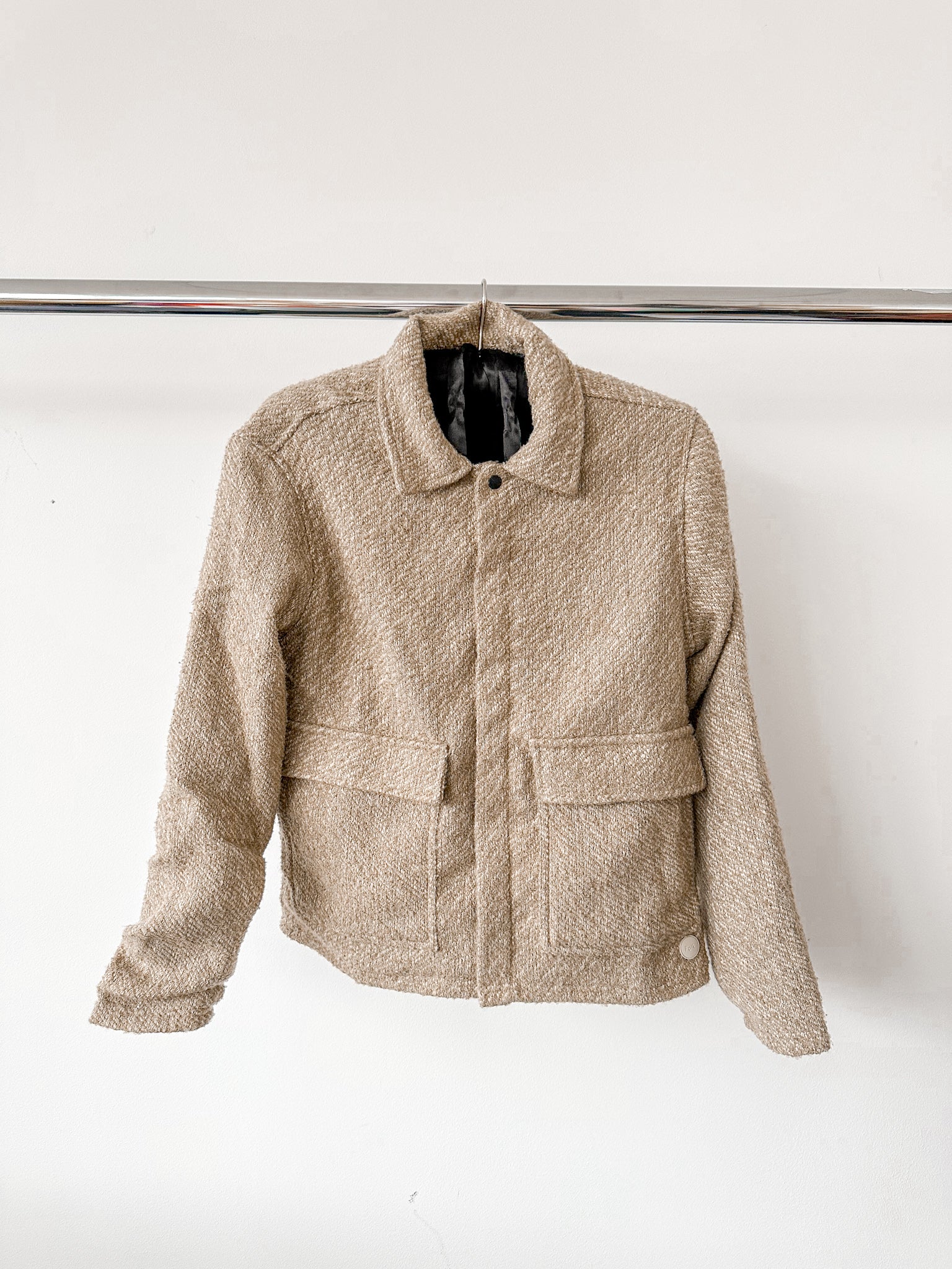 Folk Mens Beige Tweed Patch Pocket Snap Button Shacket Jacket