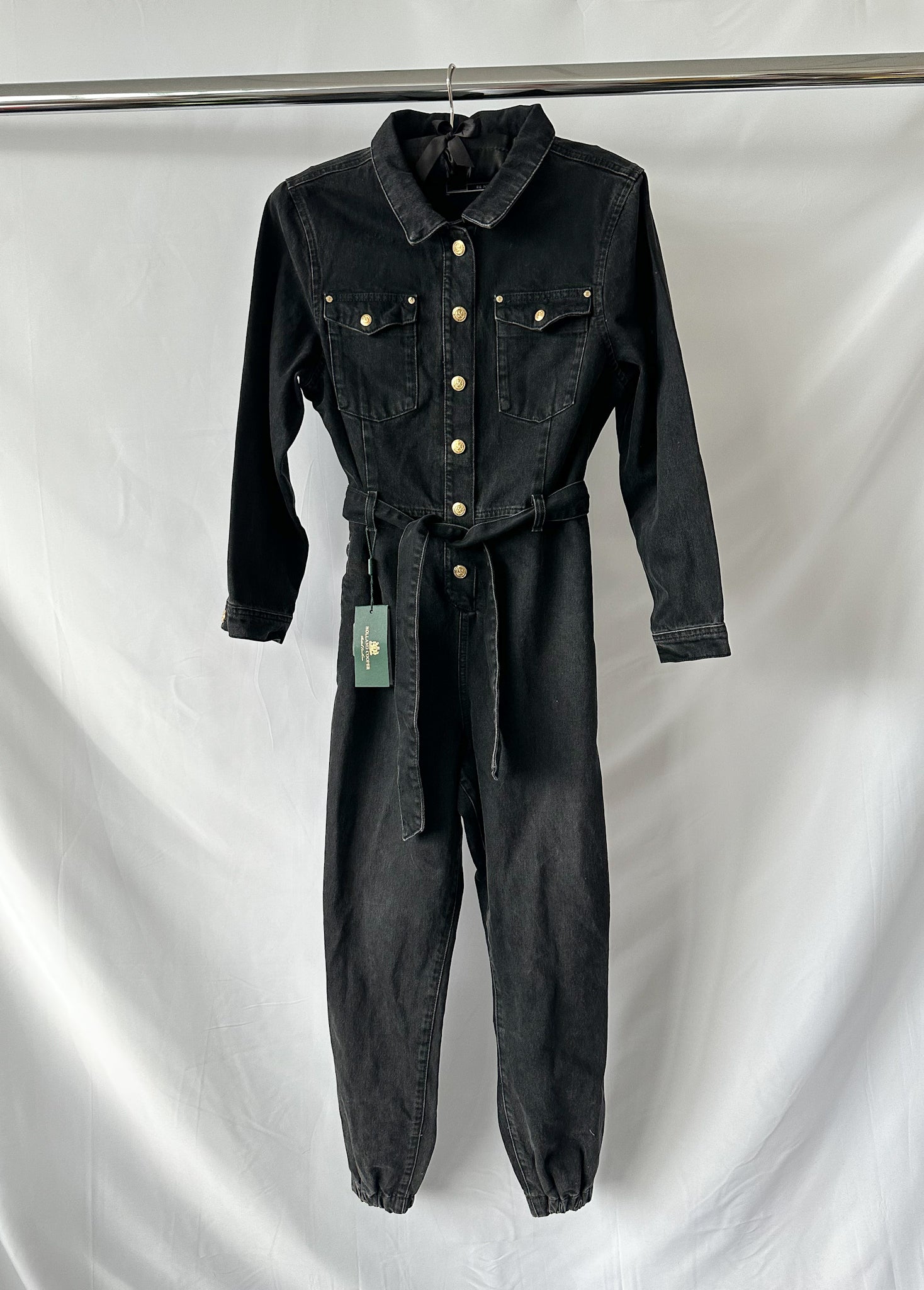 Holland Cooper Denim Gold Button Detail Jumpsuit in Washed Black