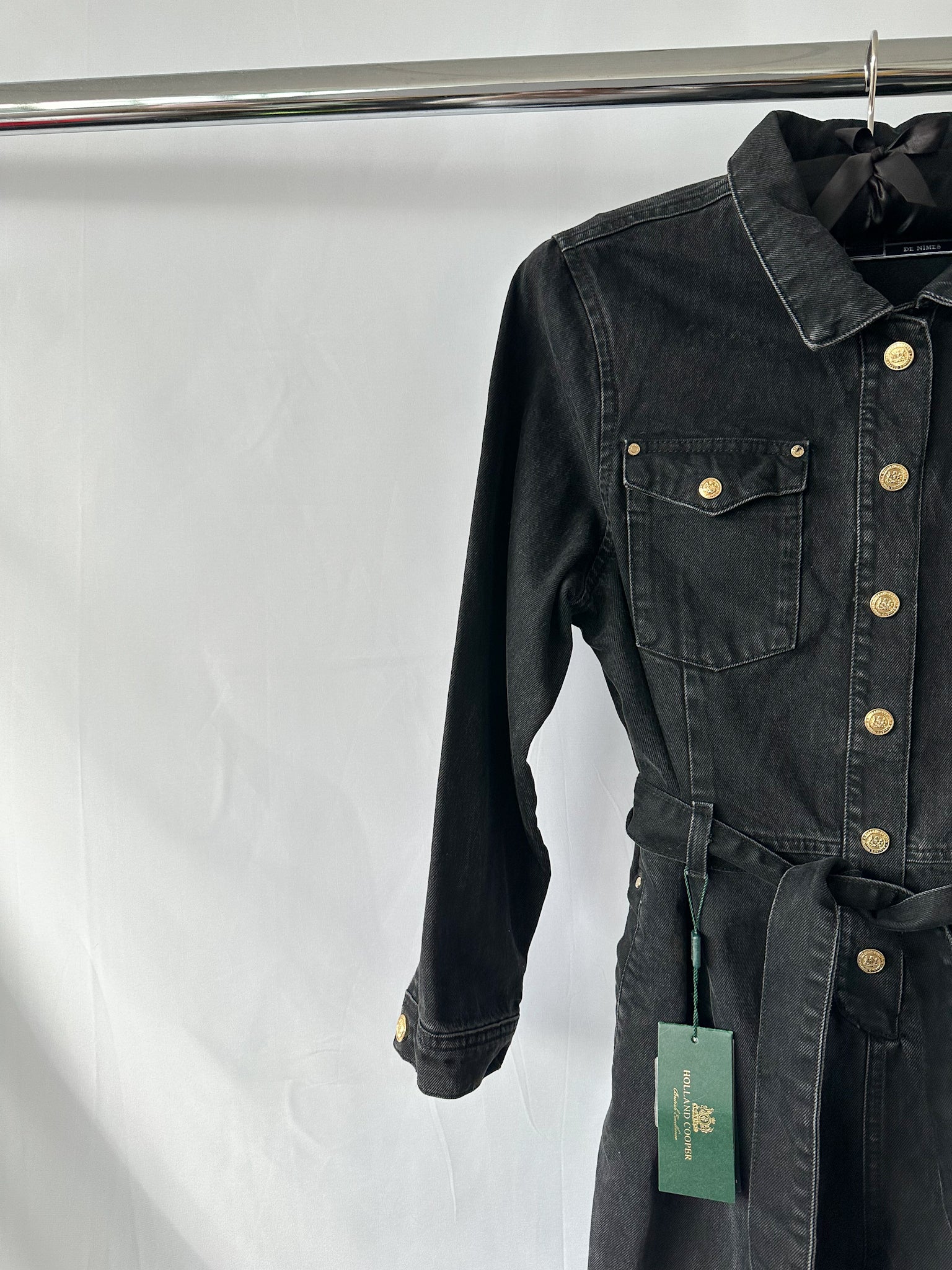 Holland Cooper Denim Gold Button Detail Jumpsuit in Washed Black