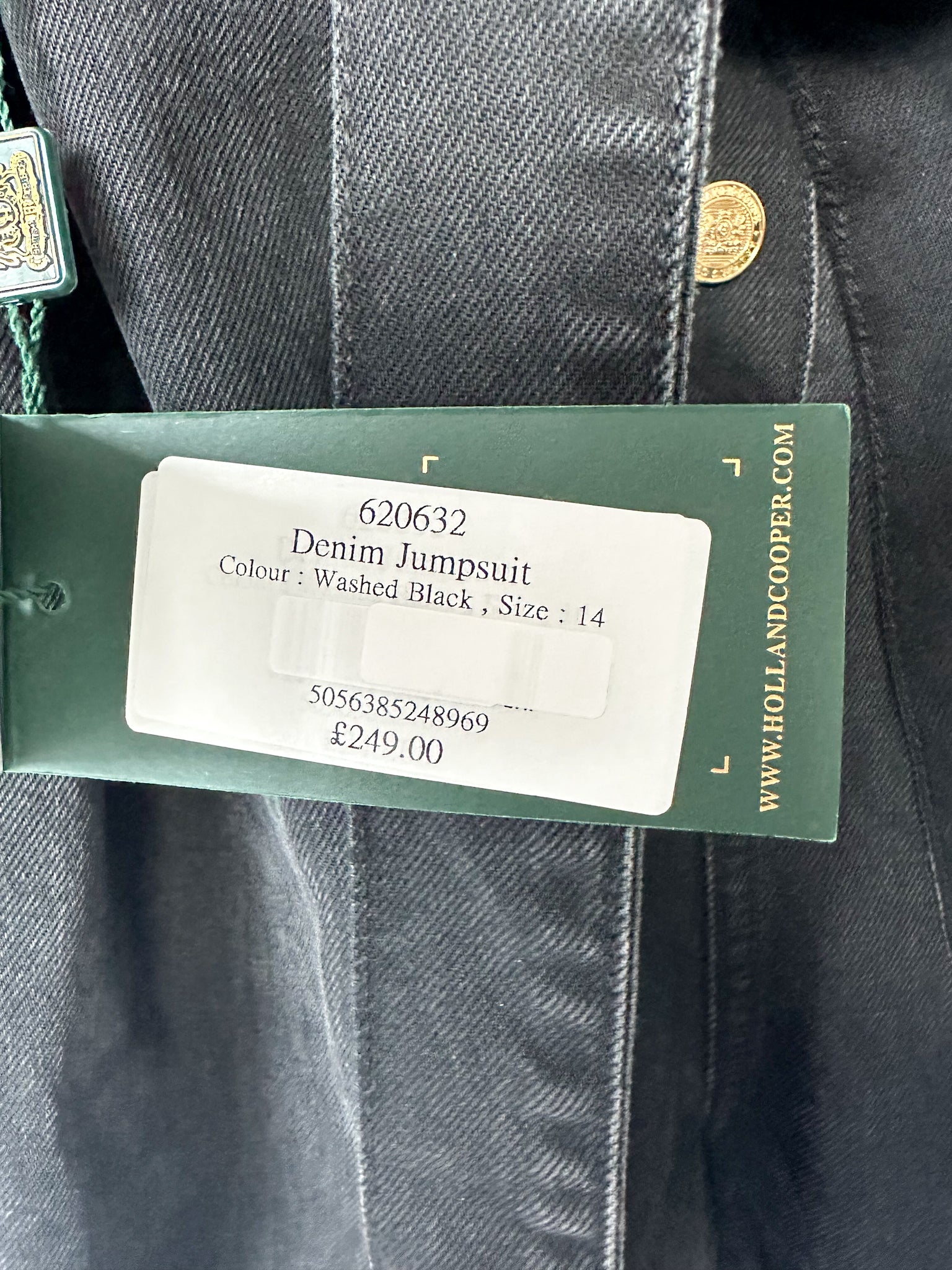 Holland Cooper Denim Gold Button Detail Jumpsuit in Washed Black