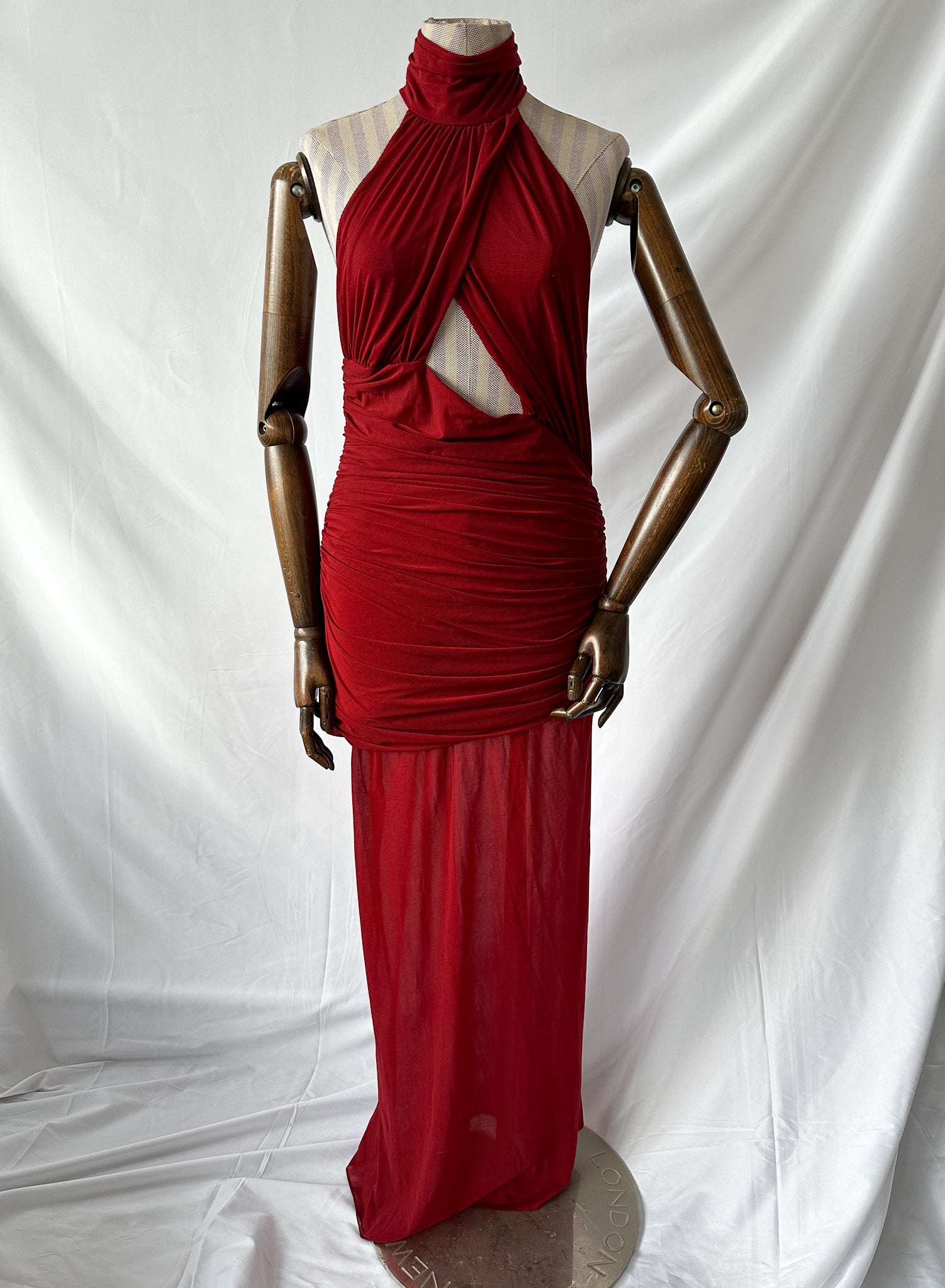 De La Vali Burgundy Red Cairo High Neck Cut-Out Maxi Dress