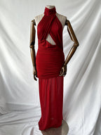 De La Vali Burgundy Red Cairo High Neck Cut-Out Maxi Dress