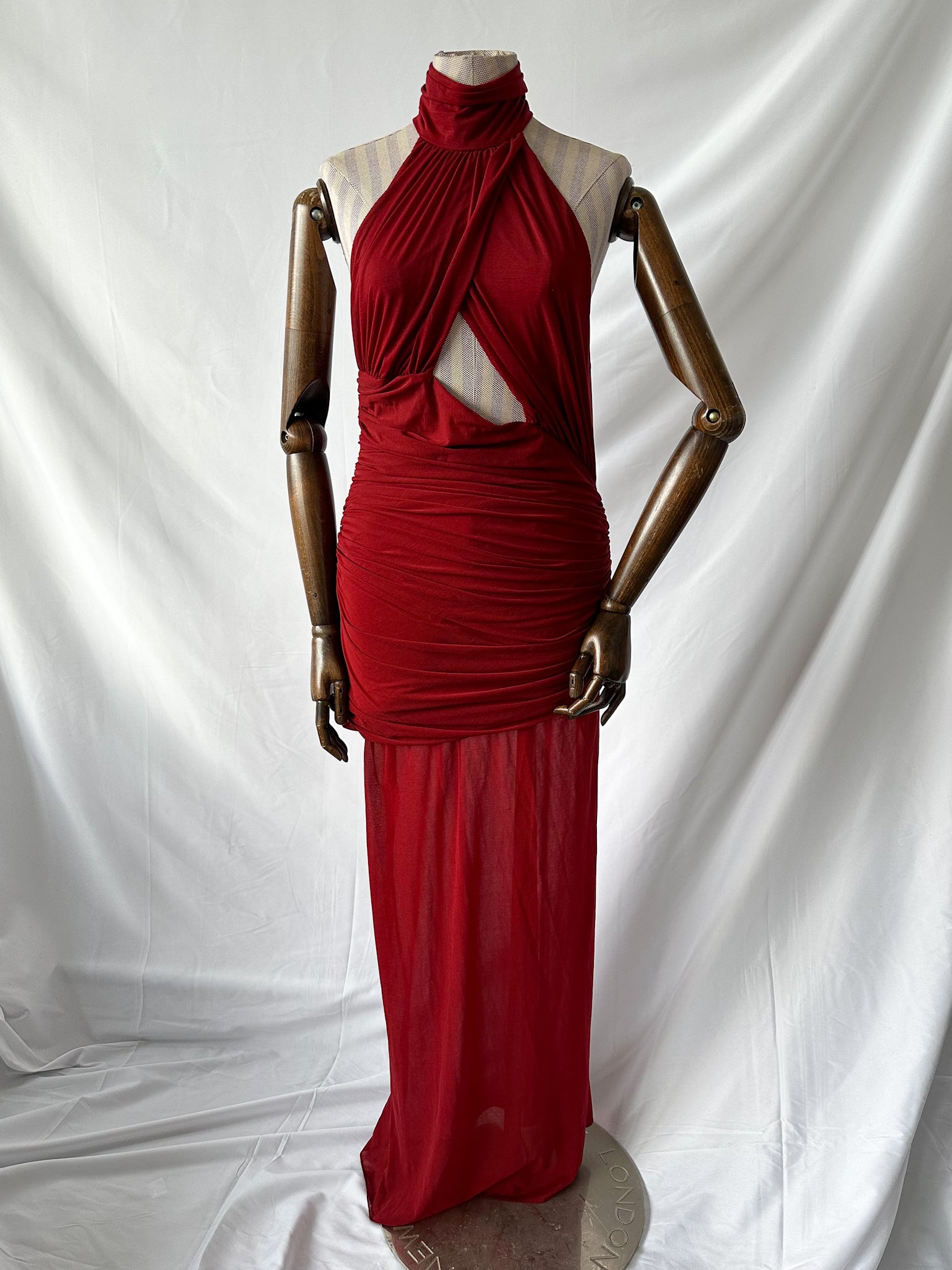 De La Vali Burgundy Red Cairo High Neck Cut-Out Maxi Dress