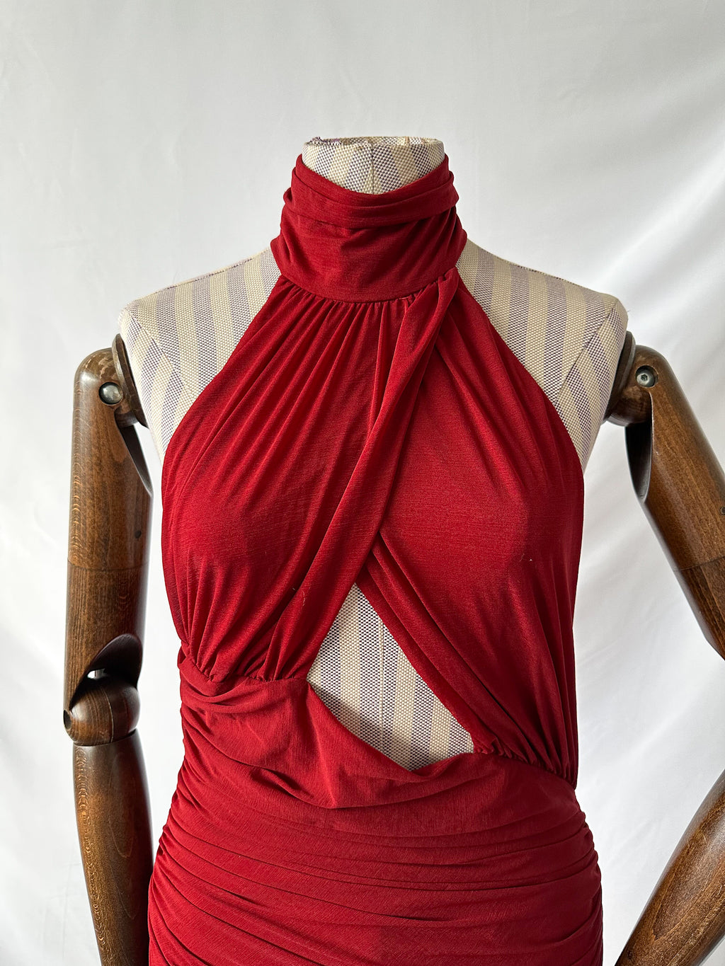 De La Vali Burgundy Red Cairo High Neck Cut-Out Maxi Dress