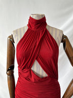 De La Vali Burgundy Red Cairo High Neck Cut-Out Maxi Dress