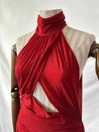 De La Vali Burgundy Red Cairo High Neck Cut-Out Maxi Dress