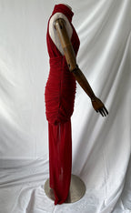 De La Vali Burgundy Red Cairo High Neck Cut-Out Maxi Dress