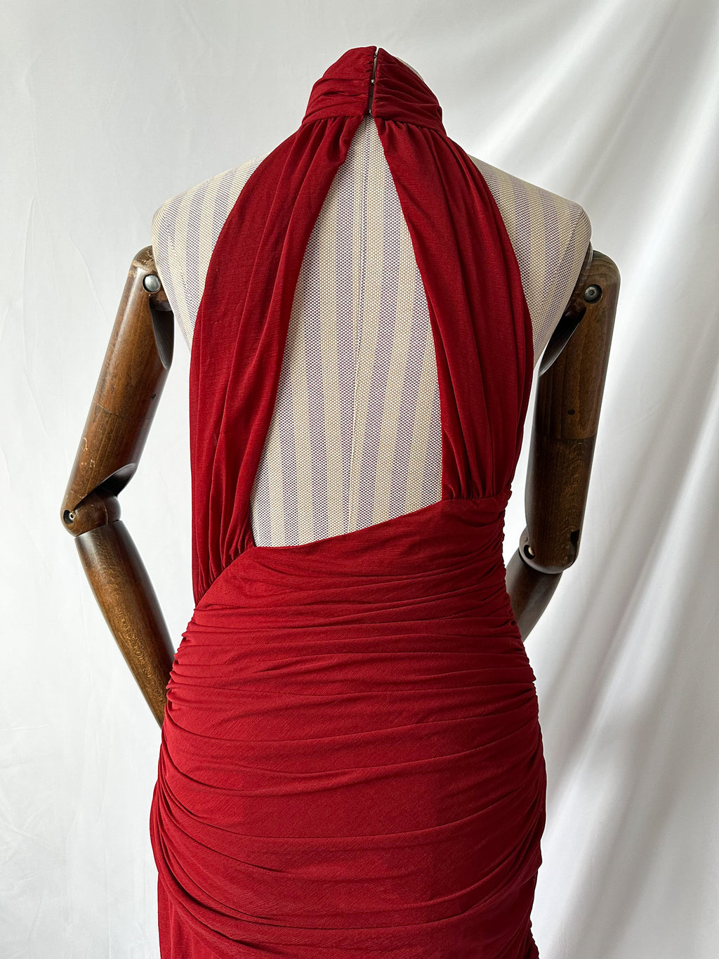 De La Vali Burgundy Red Cairo High Neck Cut-Out Maxi Dress