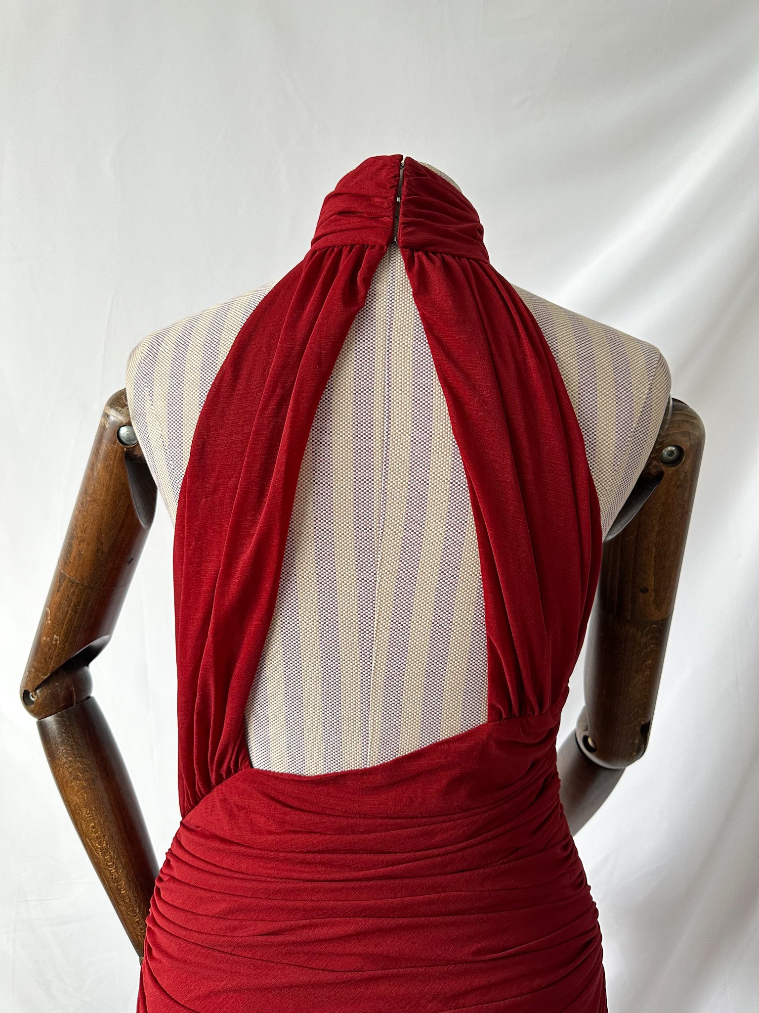 De La Vali Burgundy Red Cairo High Neck Cut-Out Maxi Dress