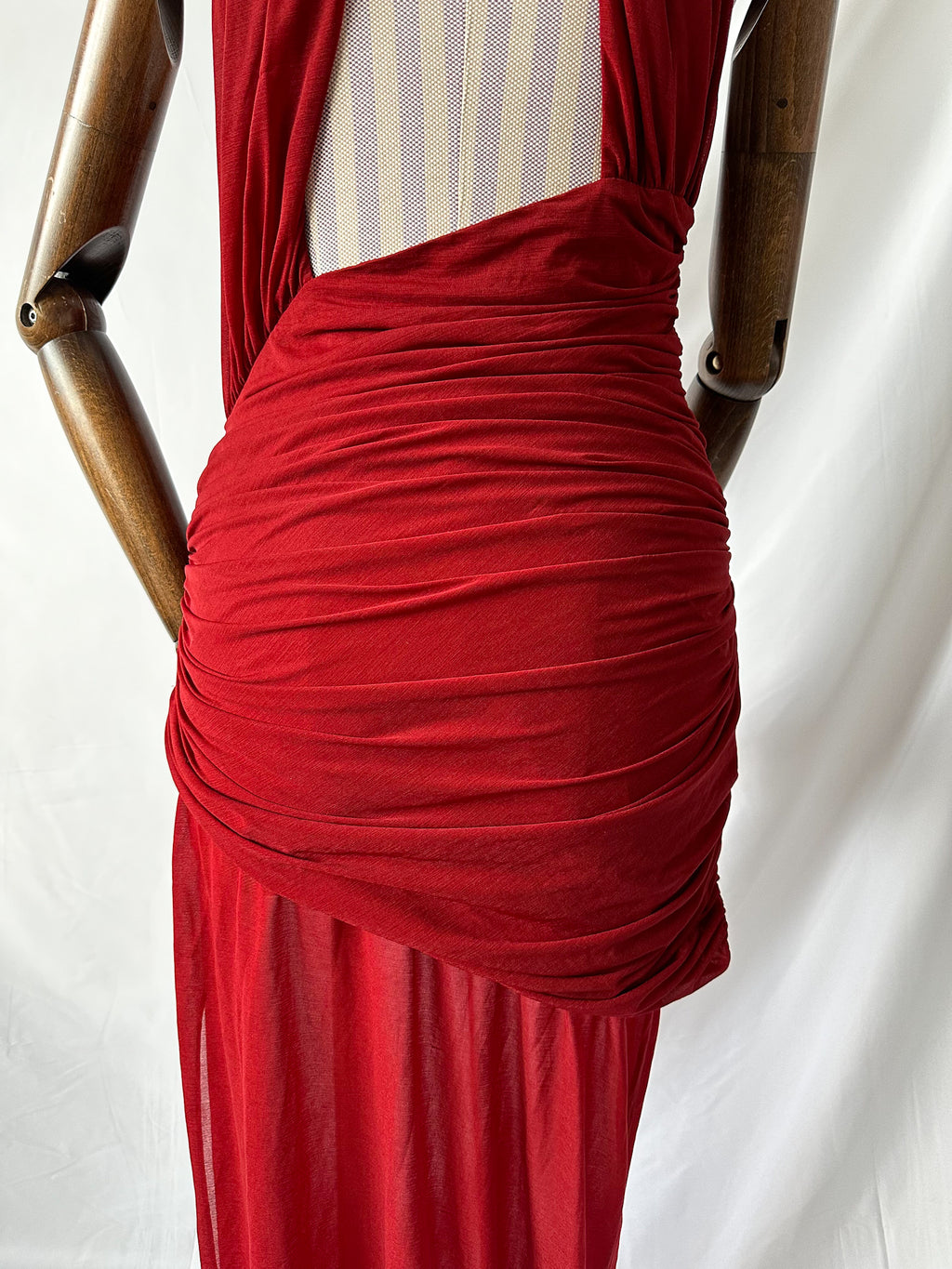 De La Vali Burgundy Red Cairo High Neck Cut-Out Maxi Dress